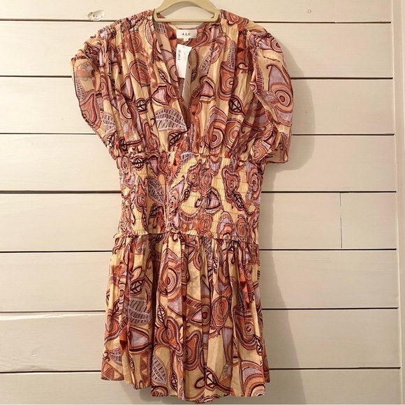 NEW A.L.C Luna Smocked Dress Nude Peach Multi 12 - Picture 12 of 16